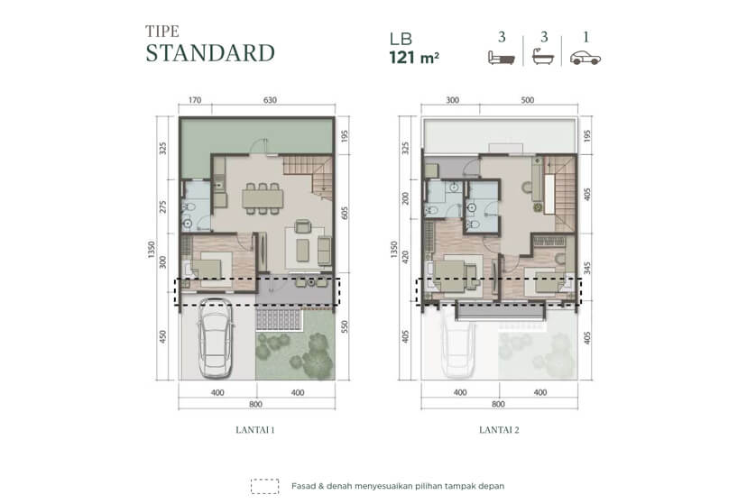 8 x 13.5 m2 Luas Bangunan : 121 m2 3 Bedroom 3 Bathroom 2 Floor 1 Balcony 1 Living Room 1 Dining Room 1 Kitchen 1 Void Area 1 Terrace 1 Carpot