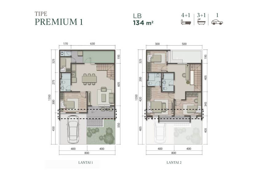 8 x 13.5 m2 Luas Bangunan : 134 m2 4+1 Bedroom 3+1 Bathroom 2 Floor 1 Balcony 1 Living Room 1 Dining Room 1 Kitchen 1 Void Area 1 Terrace 1 Carpot