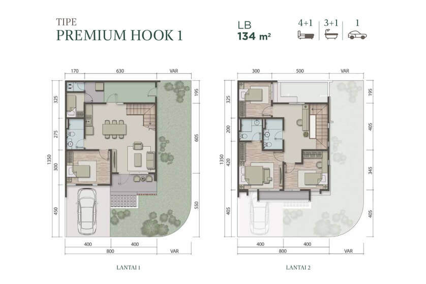 8 x 13.5 m2 Luas Bangunan : 134 m2 Luas Tanah : VAR 4+1 Bedroom 3+1 Bathroom 2 Floor 1 Balcony 1 Living Room 1 Dining Room 1 Kitchen 1 Garden 1 Void Area 1 Terrace 1 Carpot