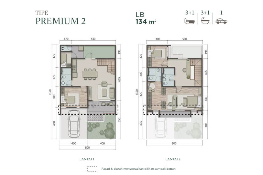 8 x 13.5 m2 Luas Bangunan : 134 m2 3+1 Bedroom 3+1 Bathroom 2 Floor 1 Balcony 1 Living Room 1 Dining Room 1 Kitchen 1 Void Area 1 Terrace 1 Carpot
