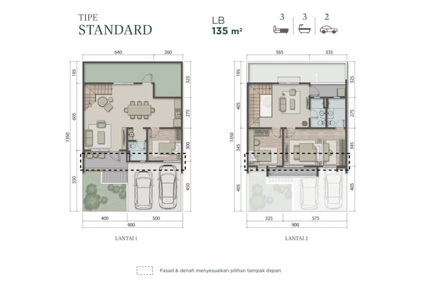 9 x 13.5 m2 Luas Bangunan : 135 m2 3 Bedroom 3 Bathroom 2 Floor 1 Balcony 1 Living Room 1 Dining Room 1 Kitchen 1 Void Area 1 Terrace 2 Carpot