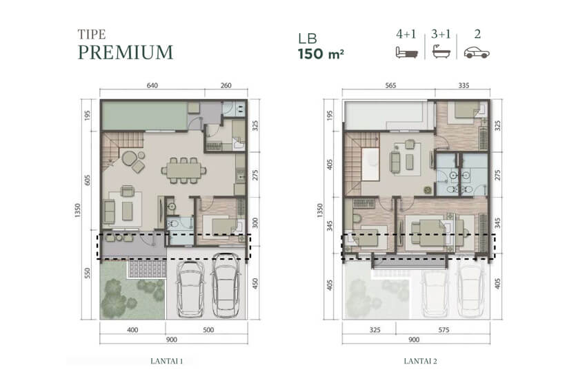 9 x 13.5 m2 Luas Bangunan : 150 m2 4+1 Bedroom 3+1 Bathroom 2 Floor 1 Balcony 1 Living Room 1 Dining Room 1 Kitchen 1 Void Area 1 Terrace 2 Carpot