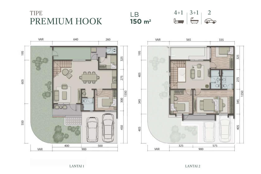 9 x 13.5 m2 Luas Bangunan : 135 m2 Luas Tanah : VAR 4+1 Bedroom 3+1 Bathroom 2 Floor 1 Balcony 1 Living Room 1 Dining Room 1 Kitchen 1 Garden 1 Void Area 1 Terrace 2 Carpot